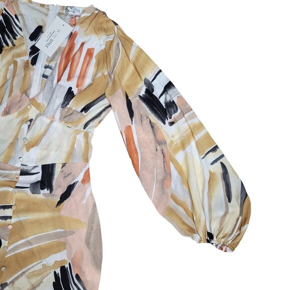 In The Style NWT Abstract Print Button-Down dress With Long Sleeves Elastic Cuff - Picture 6 of 10